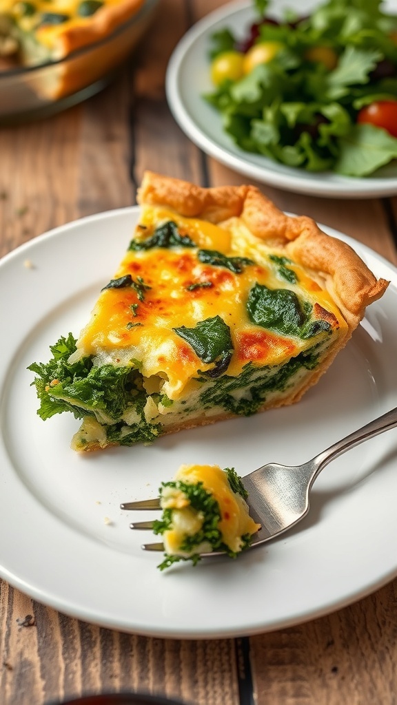 Savory Kale Quiche Recipe A slice of kale quiche on a plate with a flaky crust and green filling, served with a salad on a rustic table.